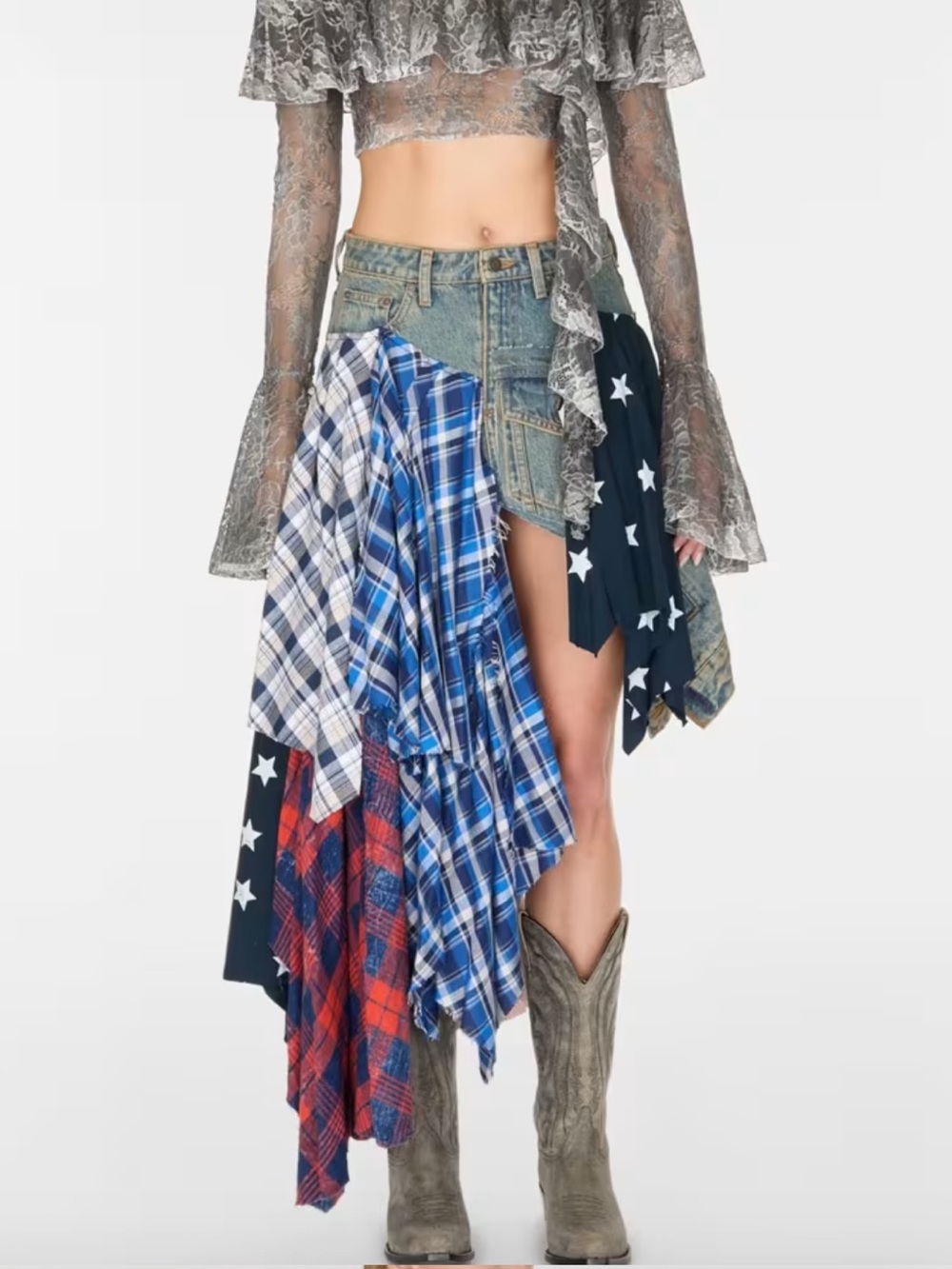 🆕 GUESS Patchwork Denim Mini Skirt Plaid Star High Rise Women’s Size 29